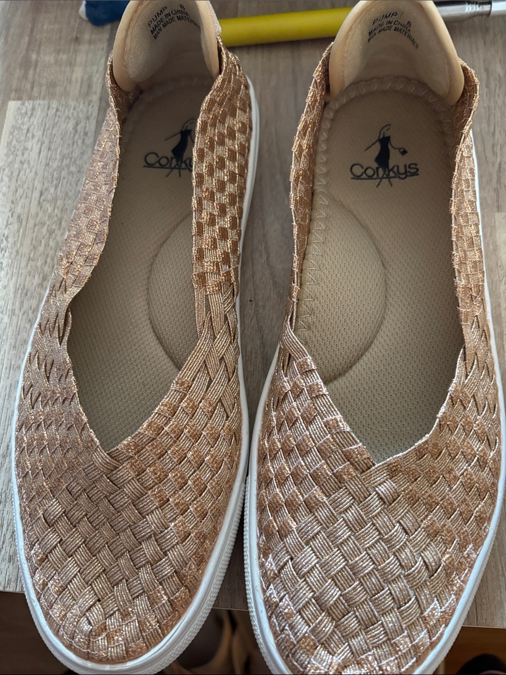 Corkys Metallic Woven Slip-On Flats in Rose Gold